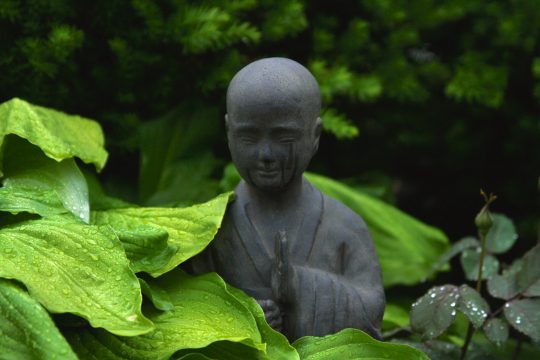 A picture of a serene Buddha like figure among leaves